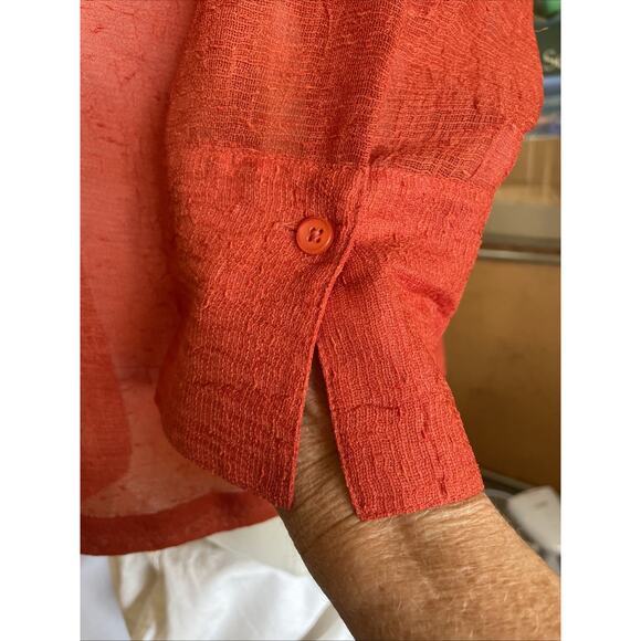 Coldwater Creek Orange Sheer Layering Gauze Button Up Shirt Size PM 3/4 Sleeves - Picture 7 of 16